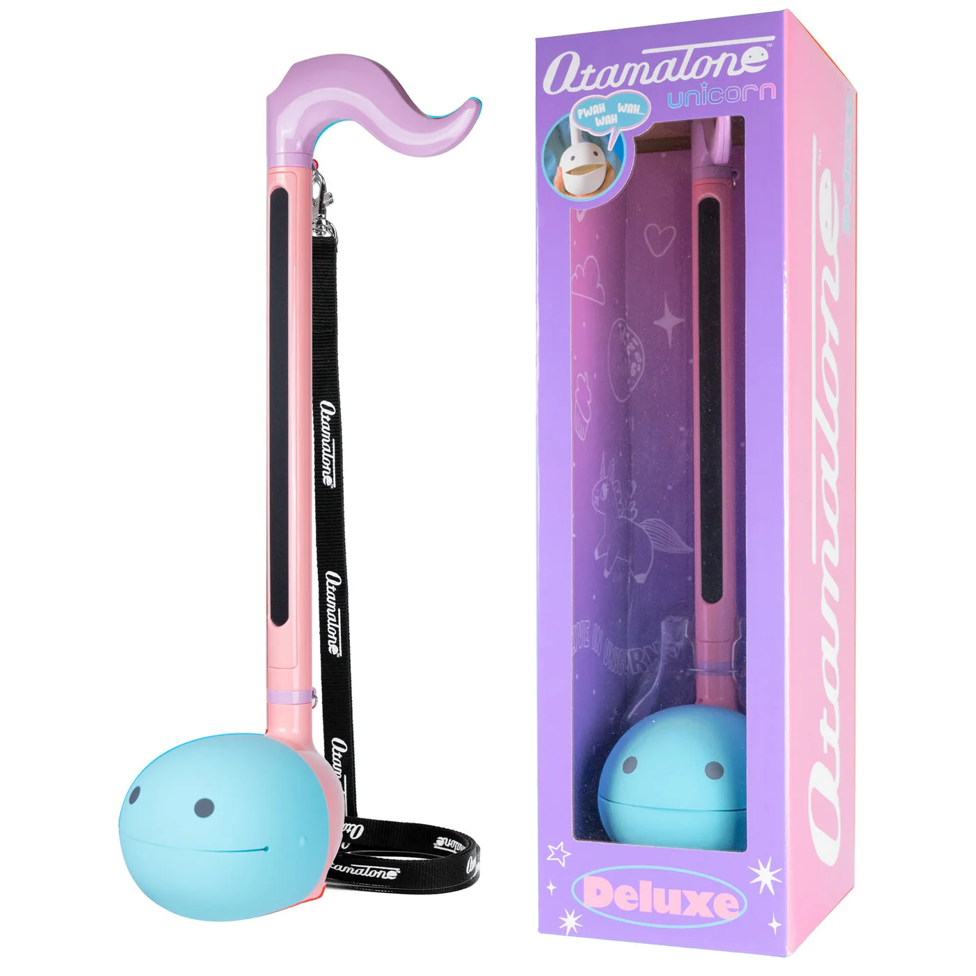 Deluxe Unicorn Otamatone beside its box: pink stem and turquoise face.
