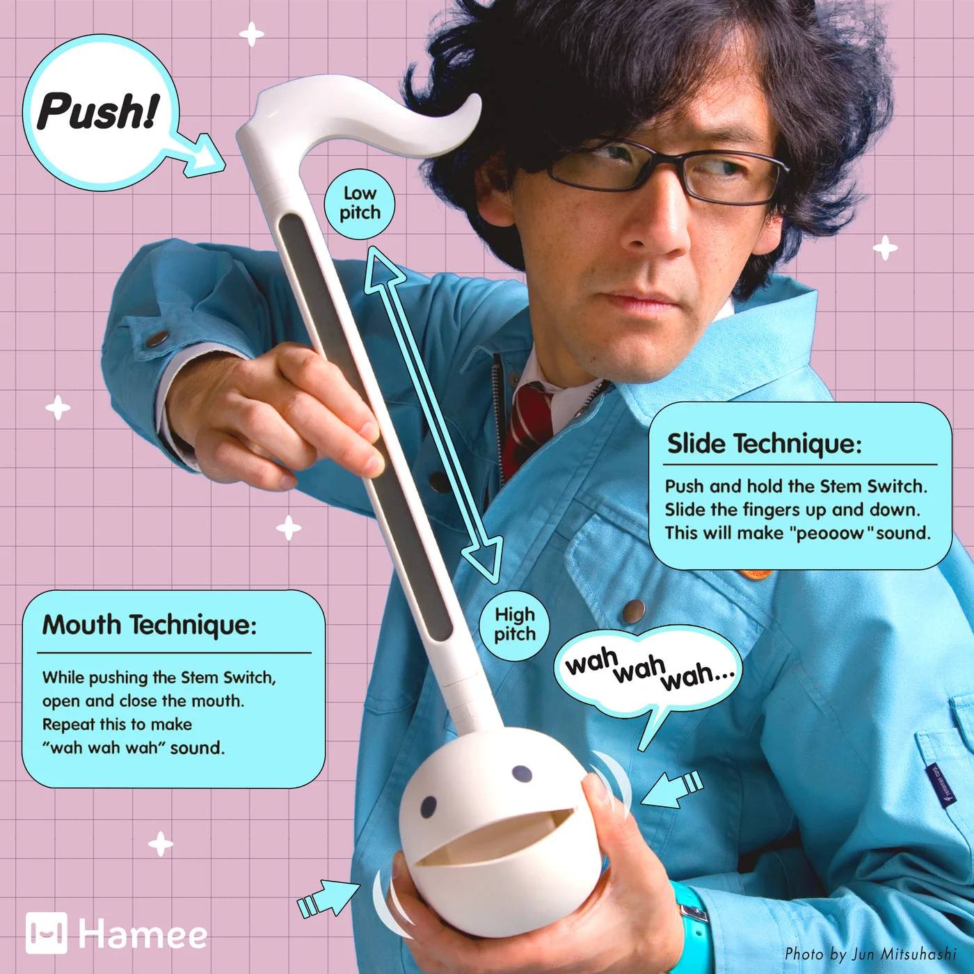 Distributor technique illustration: stem sliding changes pitch; mouth squeezing changes tone.