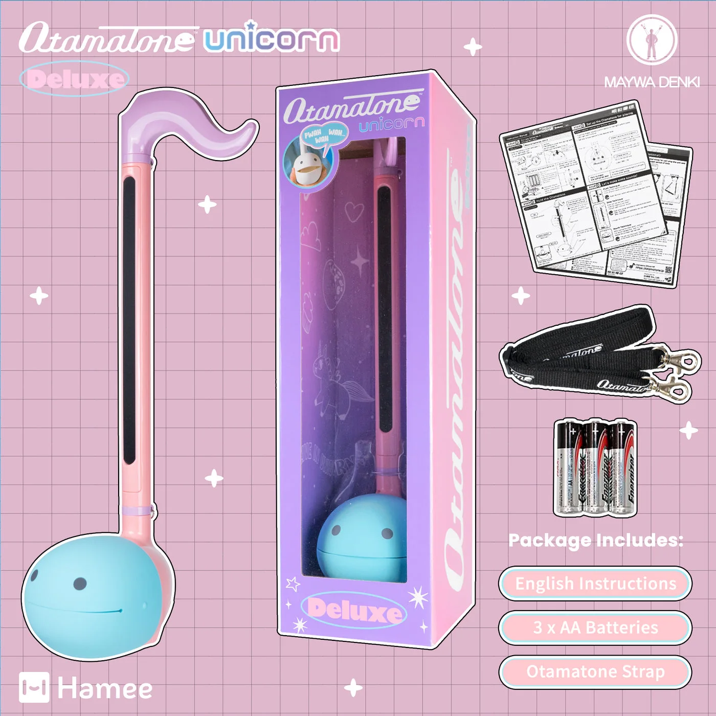 Distributor illustration of the Deluxe Unicorn package contents.