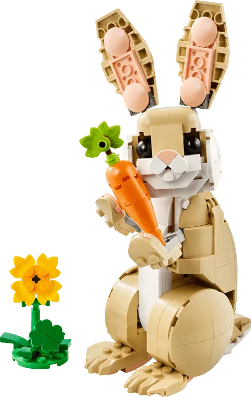 Bunny holding its brick-built carrot beside the sunflower.