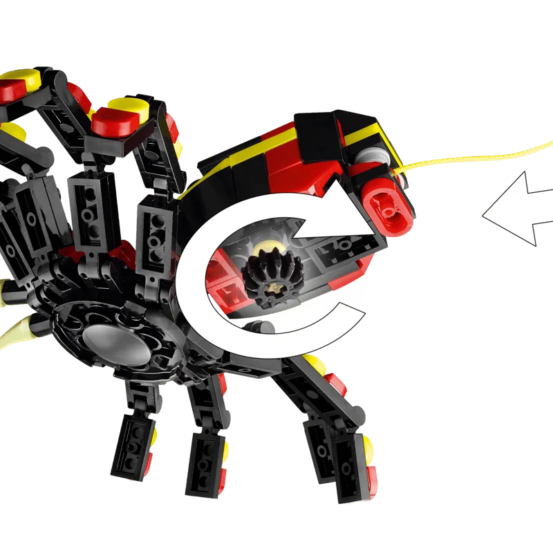 A closer look at the web-string mechanism and posable legs.