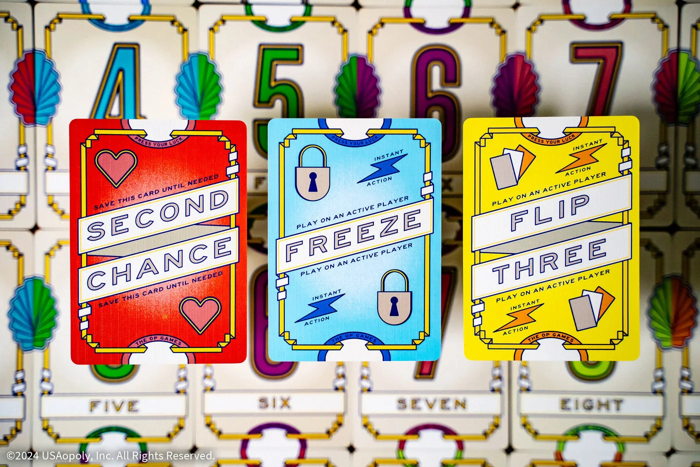 Second Chance, Freeze and Flip Three action cards.