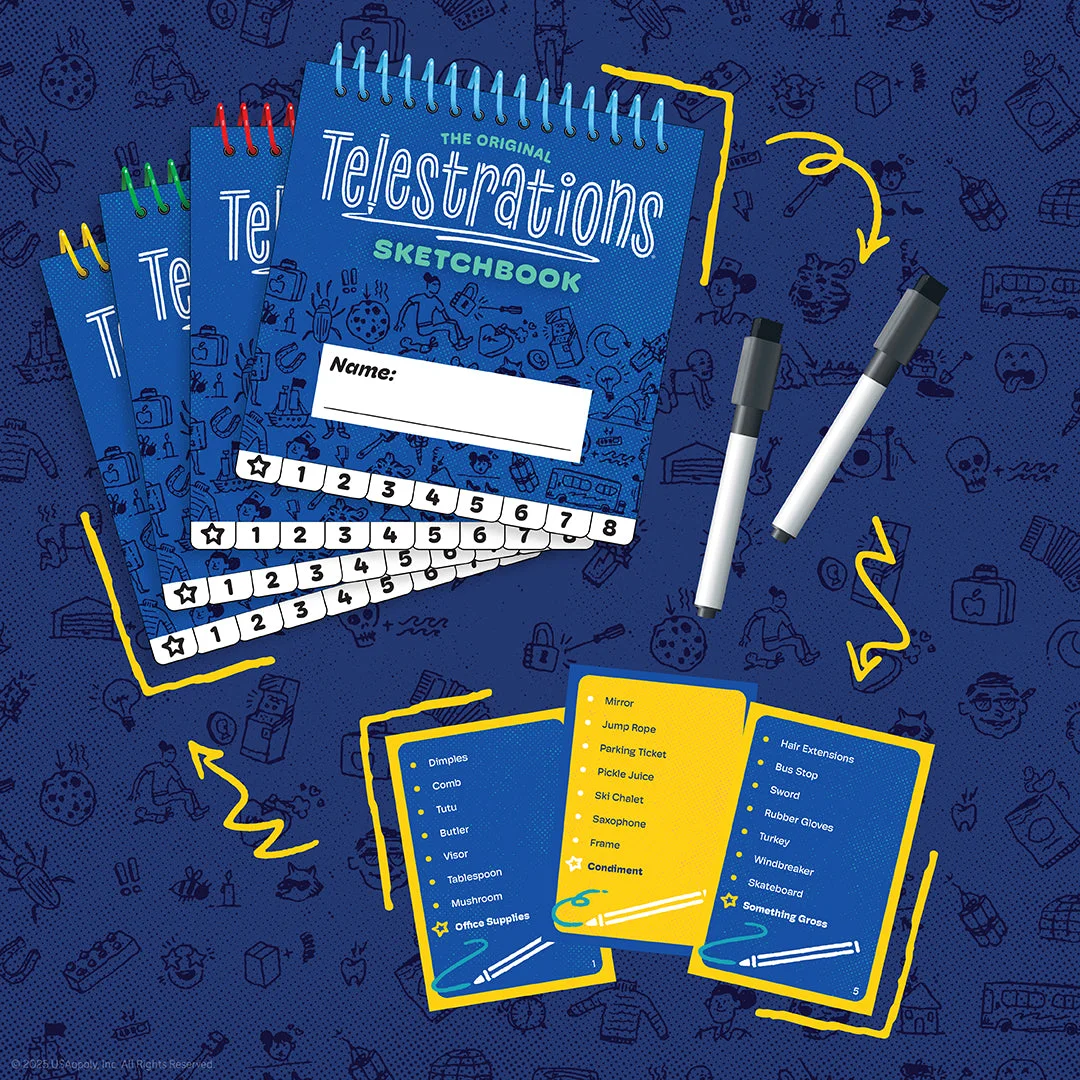 Reusable sketchbook, marker and prompt cards in detail.