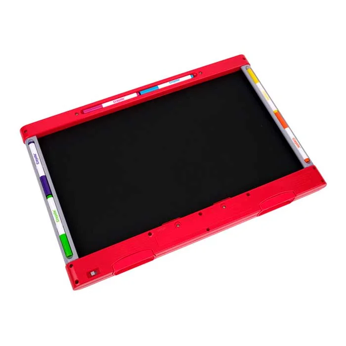 Red ColorVibe drawing board with black backdrop and marker storage.