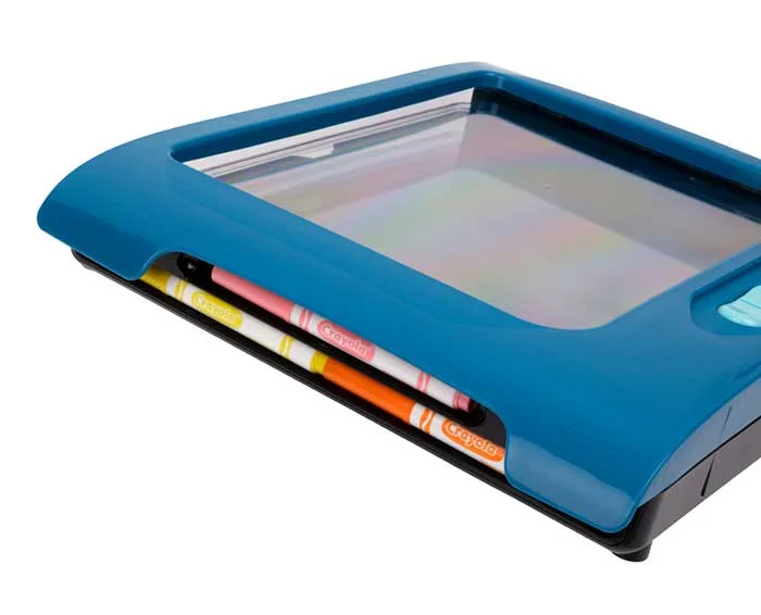 Close view of the drawing panels and marker-storage edge.