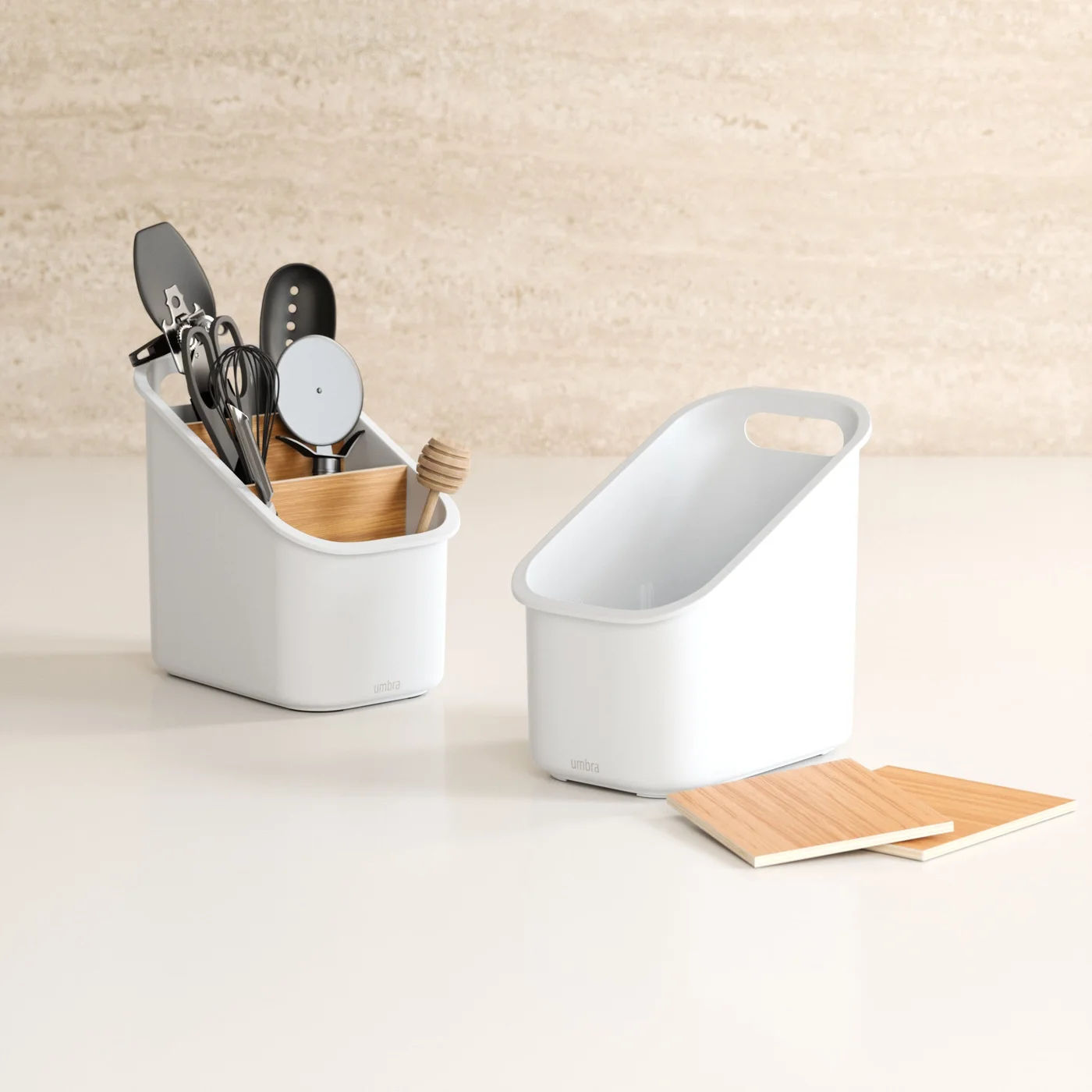 Bellwood Utensil Holder White Natural — manufacturer reference view 4 — removable dividers illustrated with a second holder for demonstration