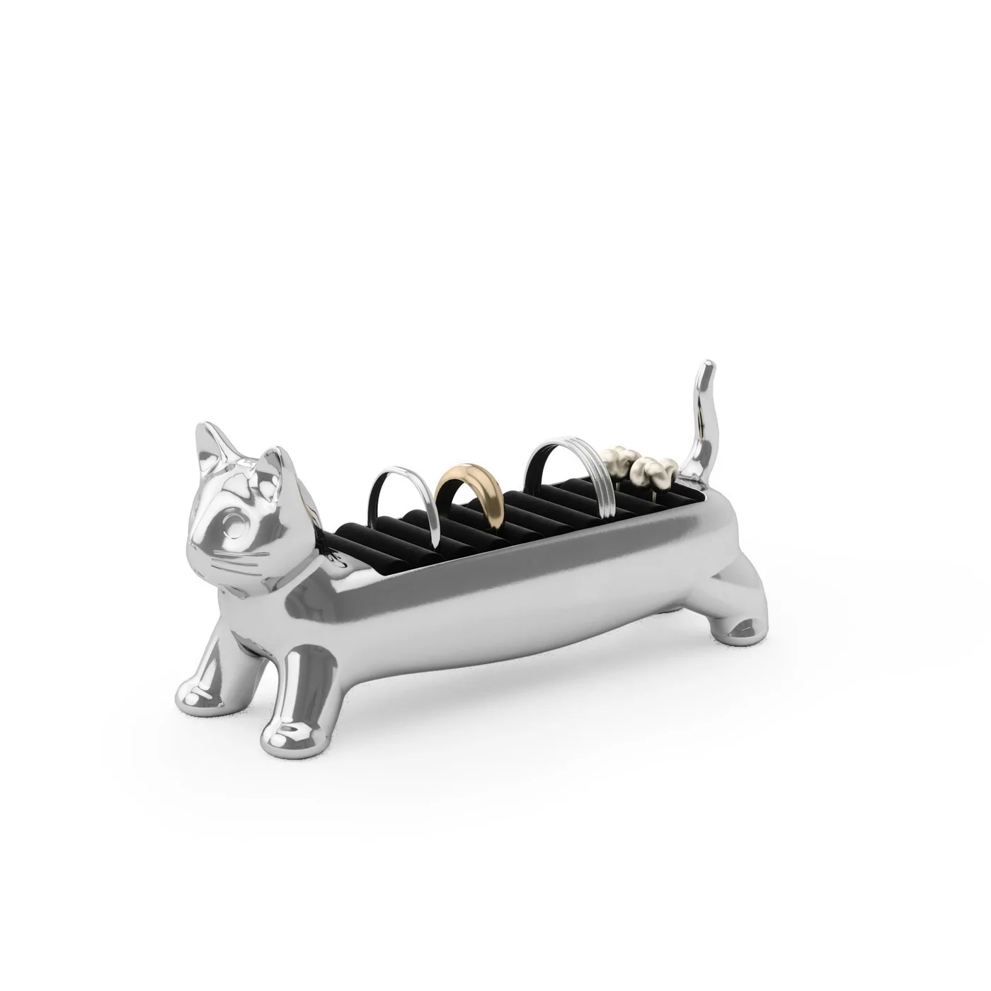 Selected chrome Ali Cat ring holder with example rings on padded supports