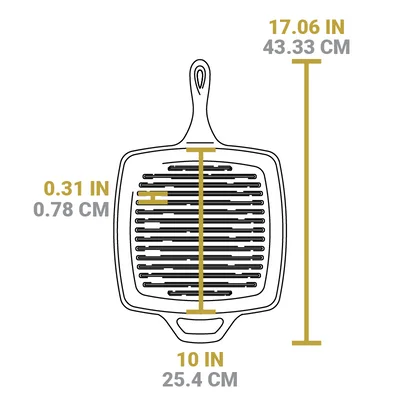 Manufacturer length drawing: handles make the full footprint longer than the cooking surface.