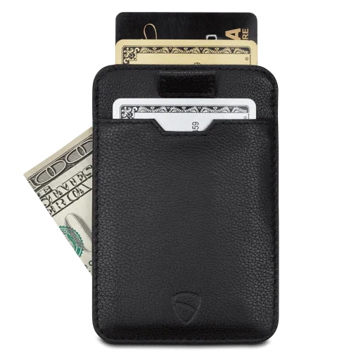 Plain black CHELSEA card holder with example cards and folded cash.