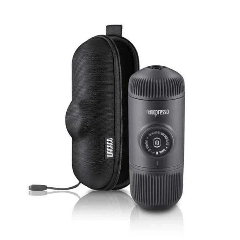 Black Nanopresso beside its small protective case, matching the selected case bundle.