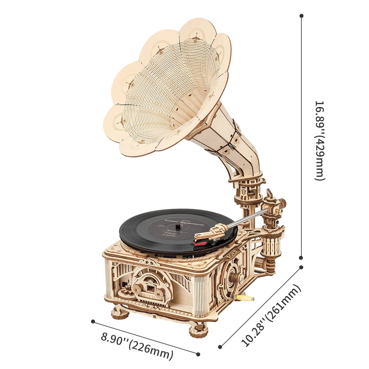 Manufacturer size diagram; check shelf clearance around the horn.