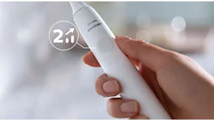 Two-minute timing guidance illustrated on the white handle.
