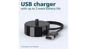 USB charging base; the maker notes that a power adapter is not included.