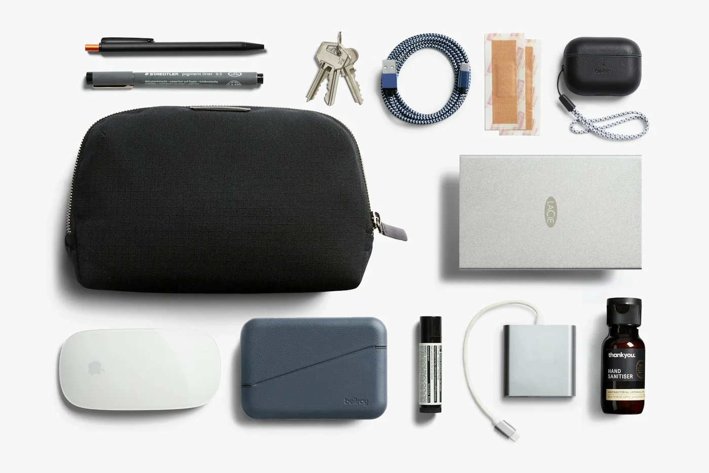 Example desk essentials laid out beside the caddy; contents excluded.