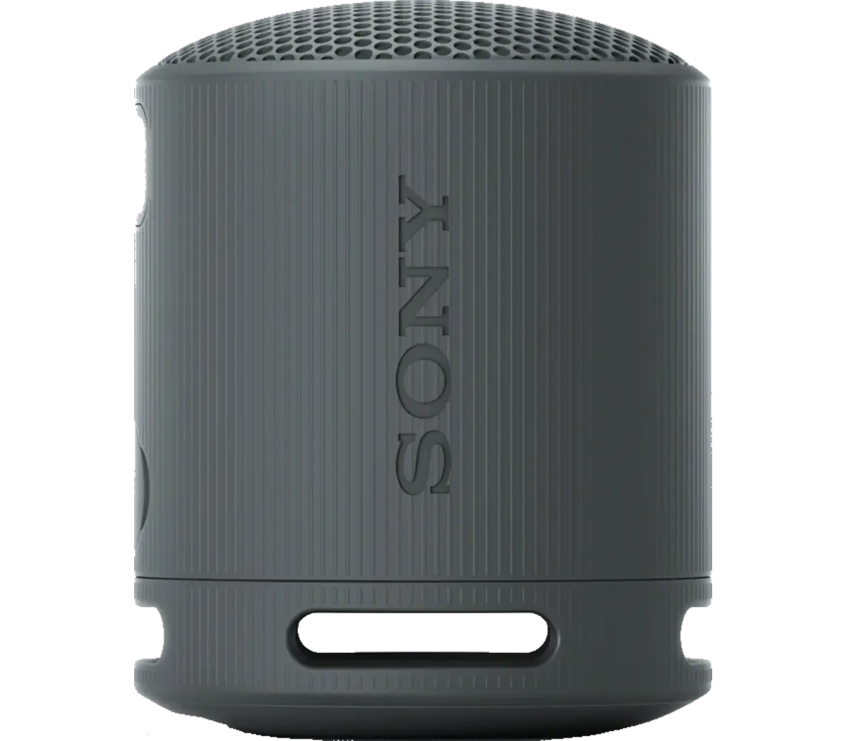 Front of the compact black speaker.