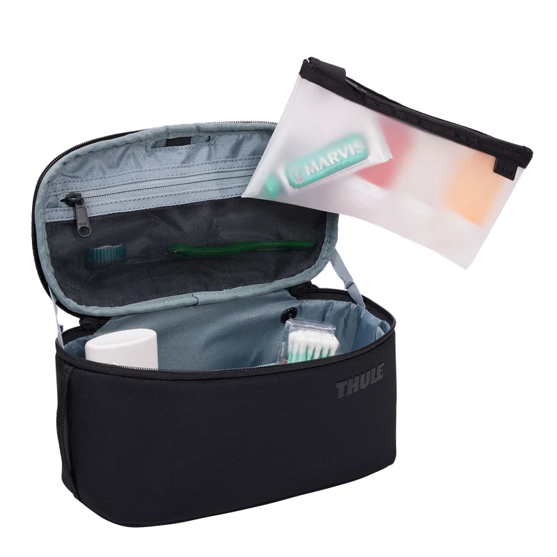 Removable transparent pouch; the pictured toiletries are not included.