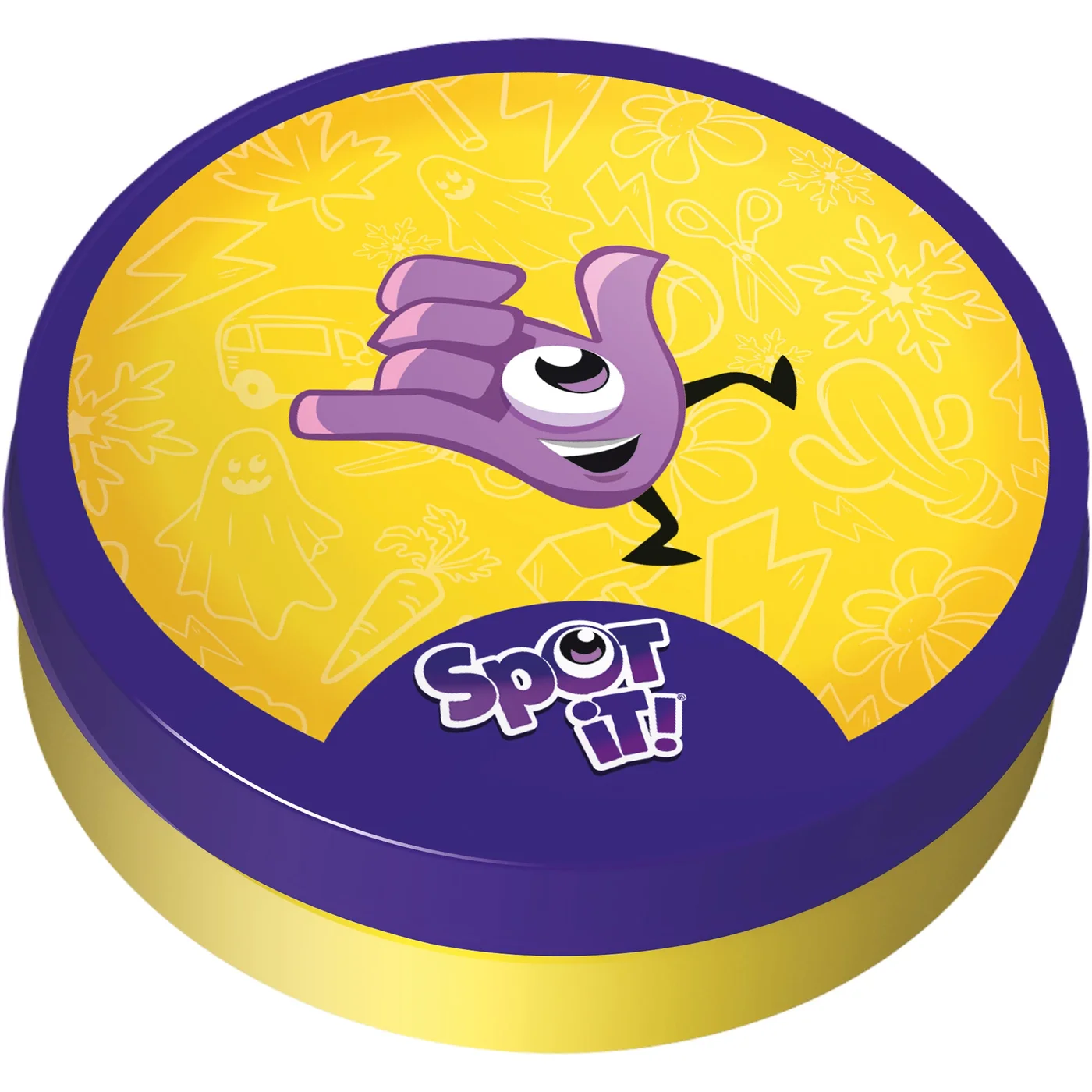 The yellow-and-purple storage tin.