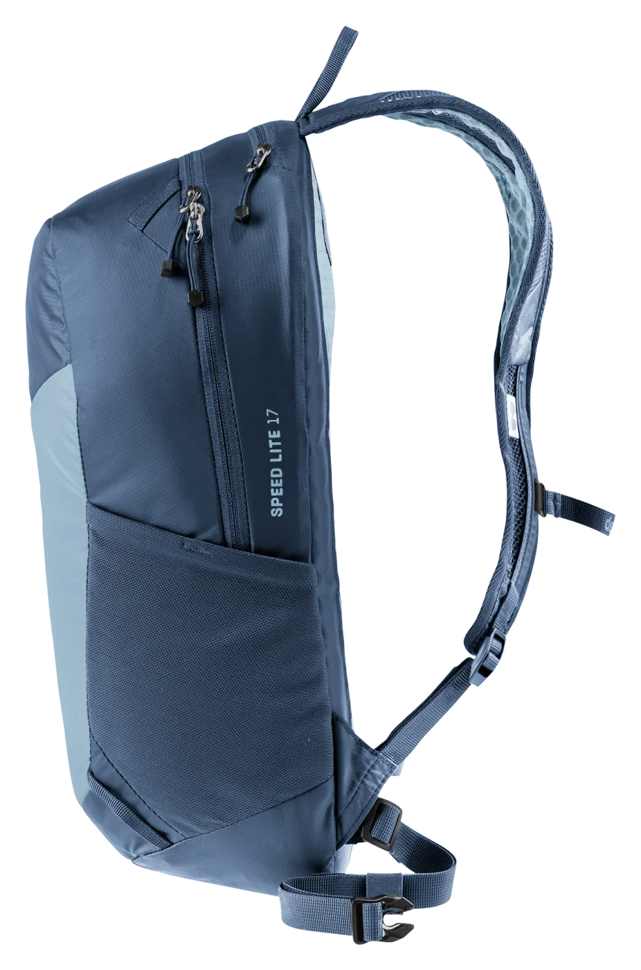 Atlantic Ink colour shown: side-pocket access and compact depth on the same 17L design.