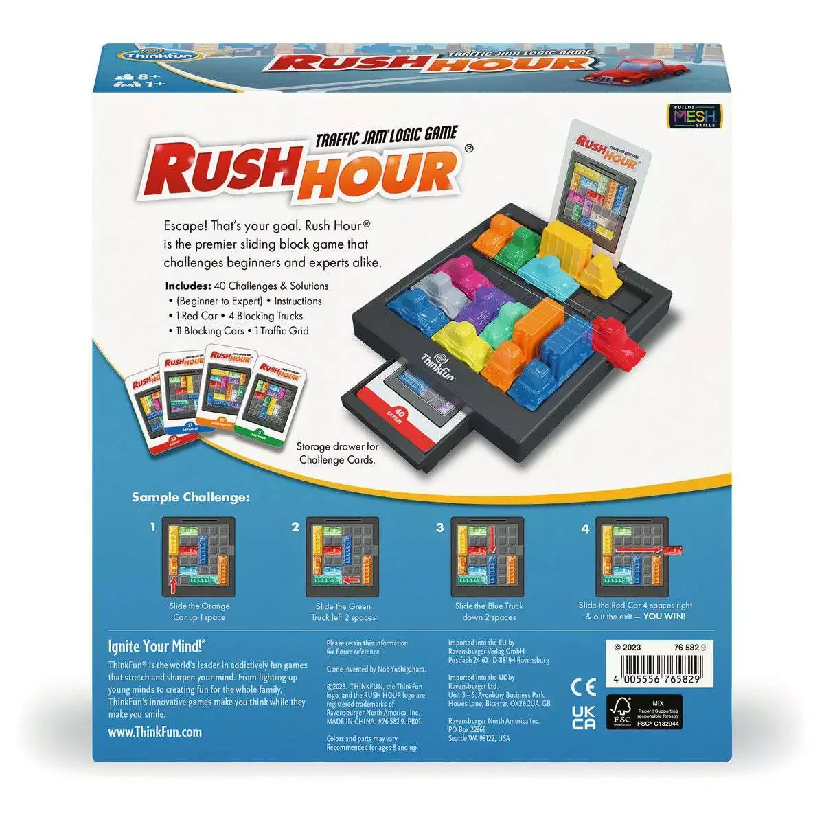 Reverse of current maker packaging explains the red-car exit puzzle; check the supplied classic edition before ordering.