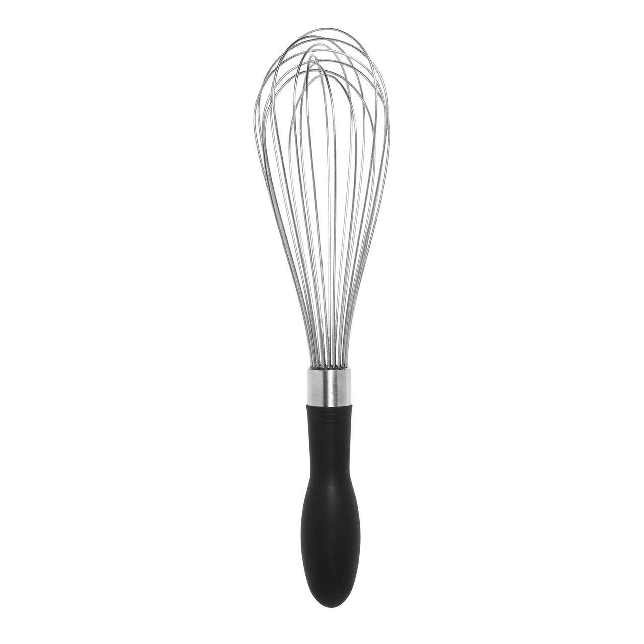 Selected 11-inch stainless-steel balloon whisk with black Good Grips handle.