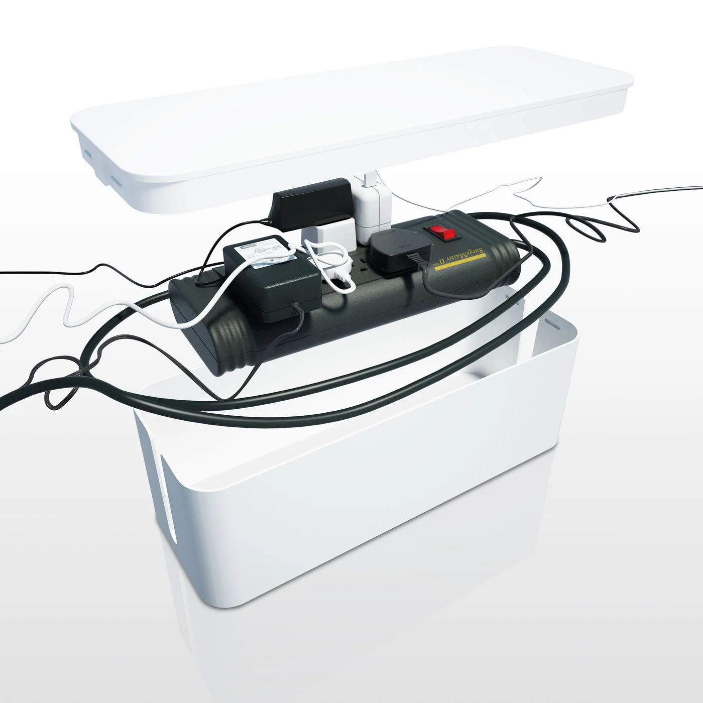 White CableBox opened with an example power strip and chargers, which are not included.