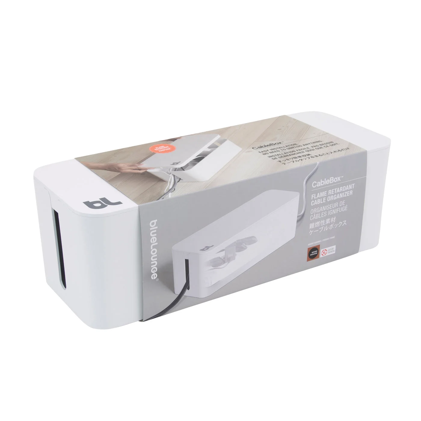 Retail packaging for the white full-size CableBox.