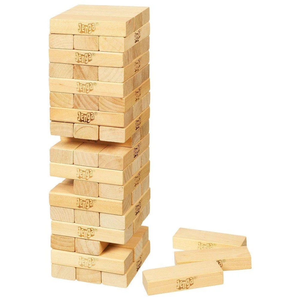 Classic-size hardwood Jenga tower and blocks, not Jenga Giant.