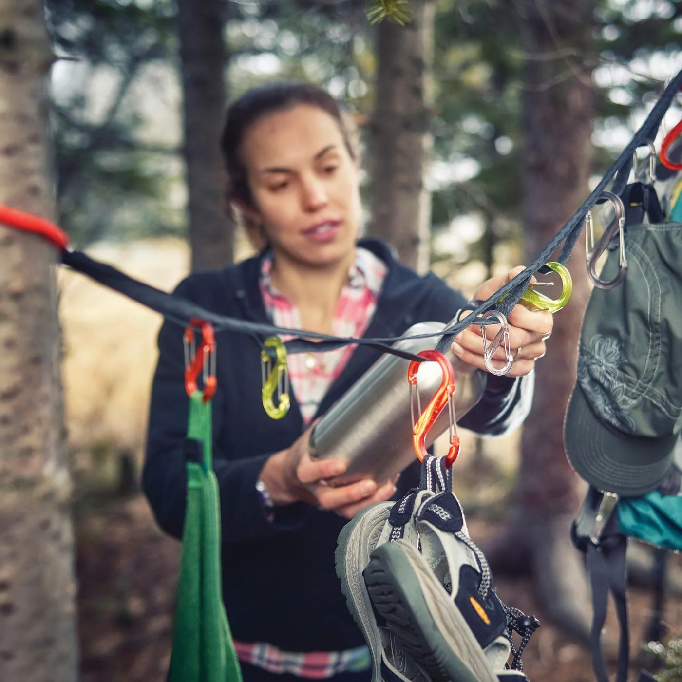 An item attached to a clip at camp; check secure support and loading instructions.