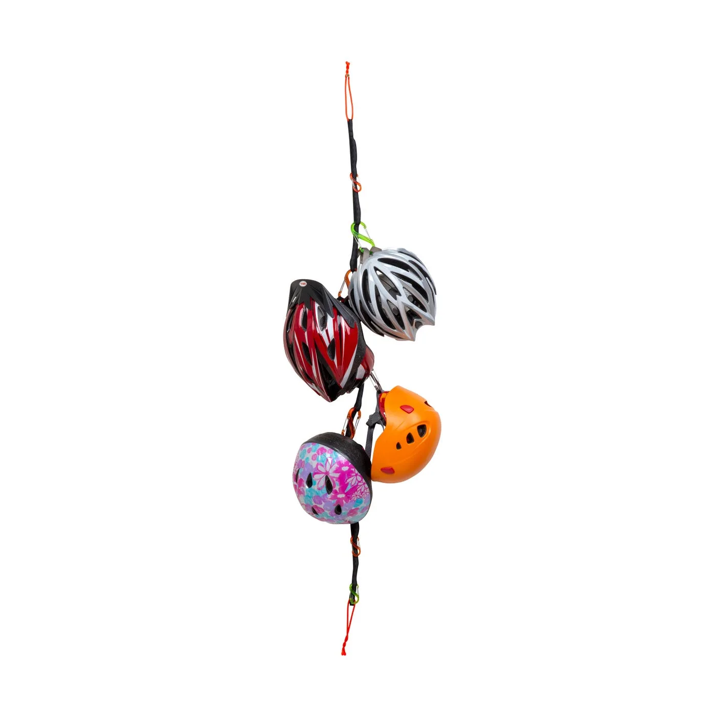 Vertical hanging example with helmets; the system is not climbing or fall-protection equipment.