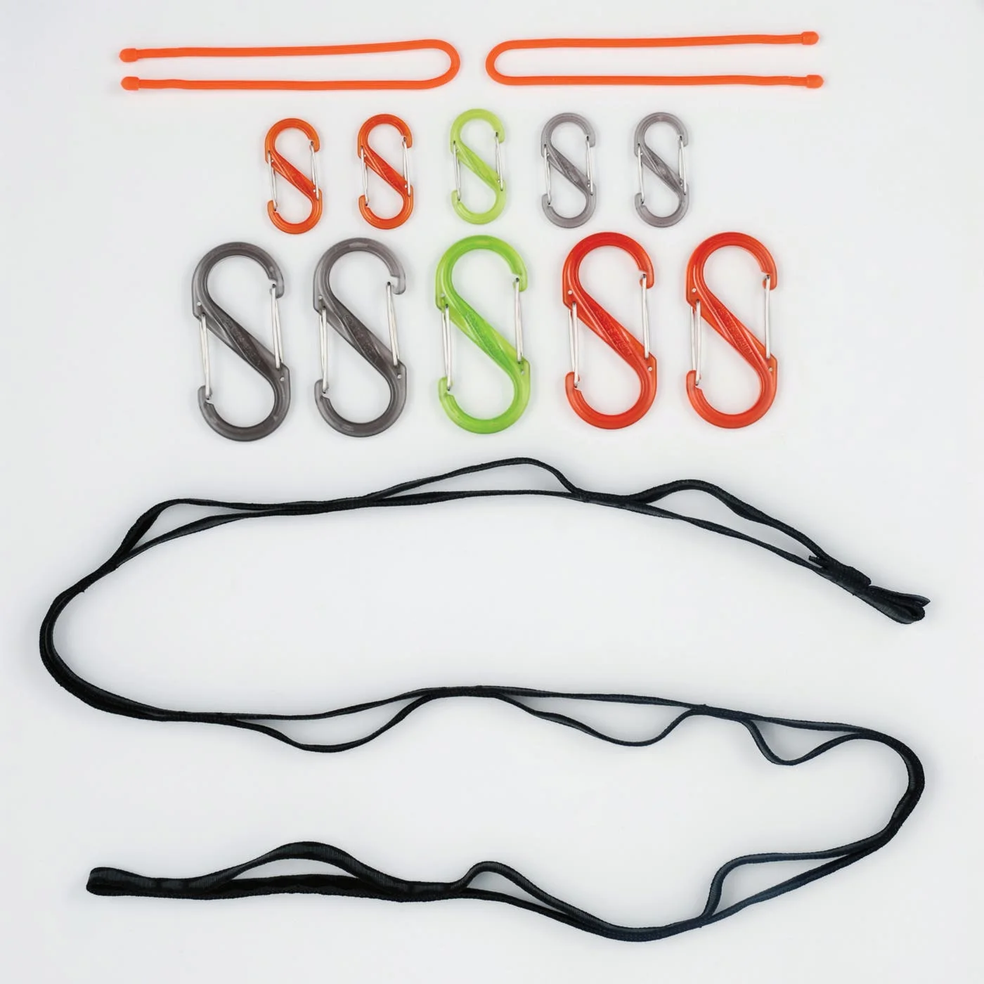 Four-foot webbing line, ten plastic S-Biners and two end ties shown separately.