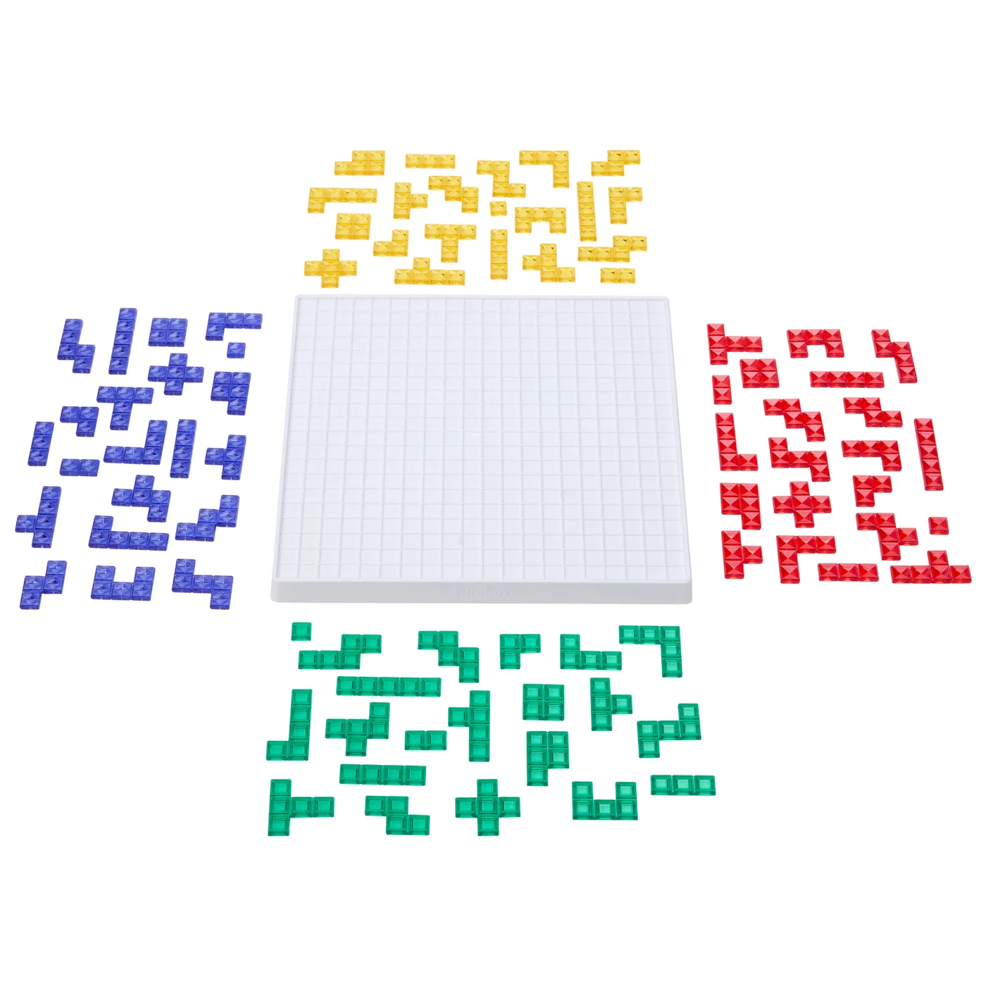Empty board with four sets of differently shaped coloured tiles.