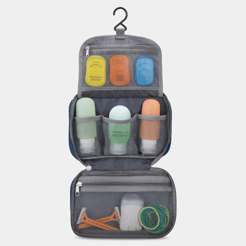 The same hanging design open with example toiletries; contents are not included.