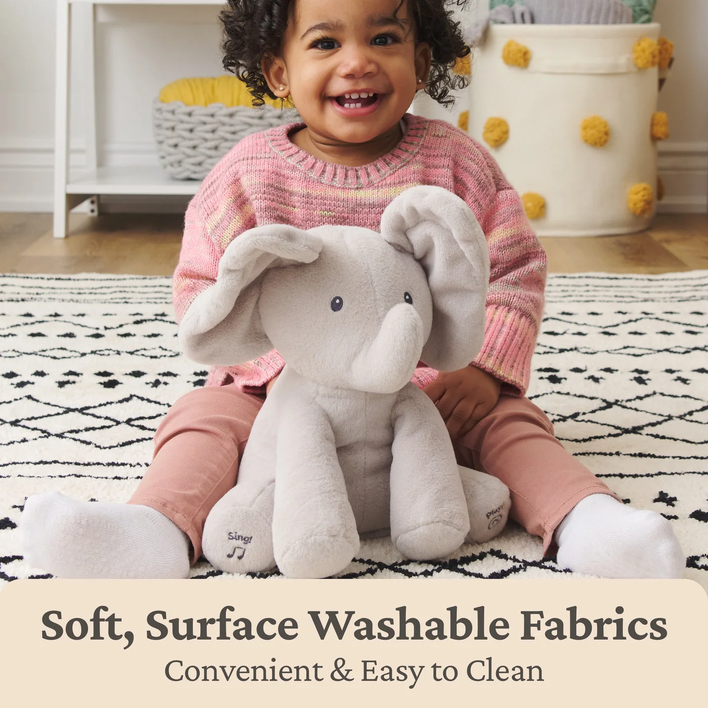 Maker surface-wash care panel; the electronic toy is not machine washable.