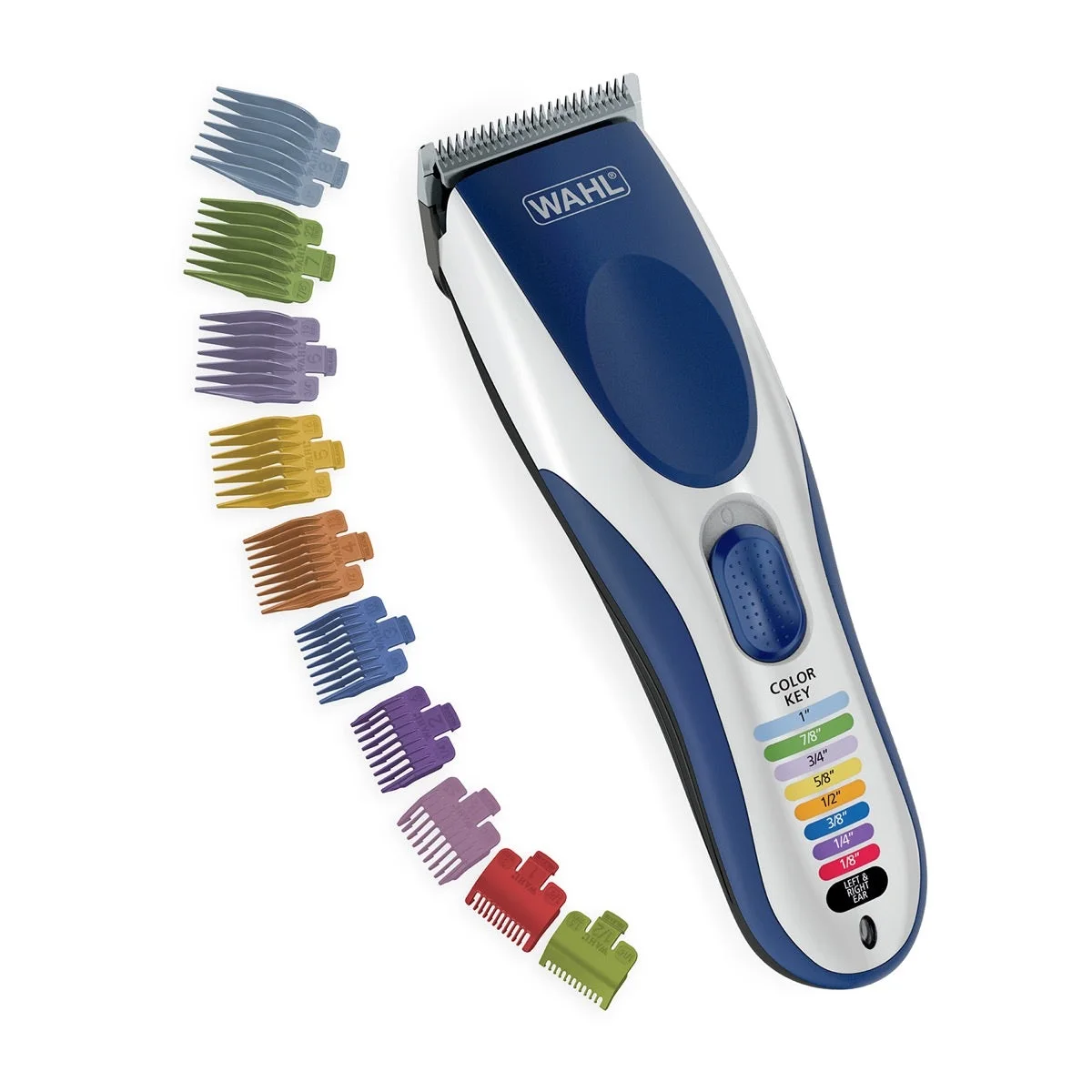 Blue-and-white Color Pro Cordless9649P beside its colour-coded guards.