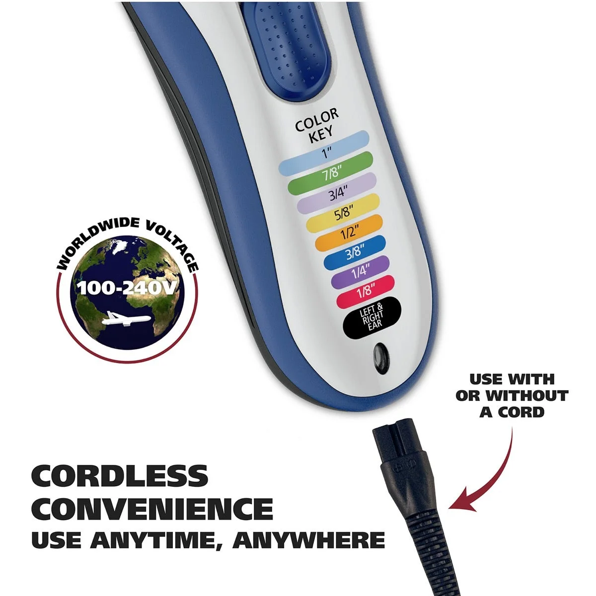Cord/cordless design permits use with the correct supplied charger connected.