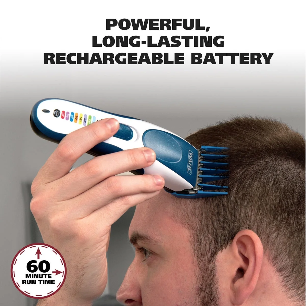 Maker haircutting scene; up-to60-minute battery rating is not our hands-on measurement.
