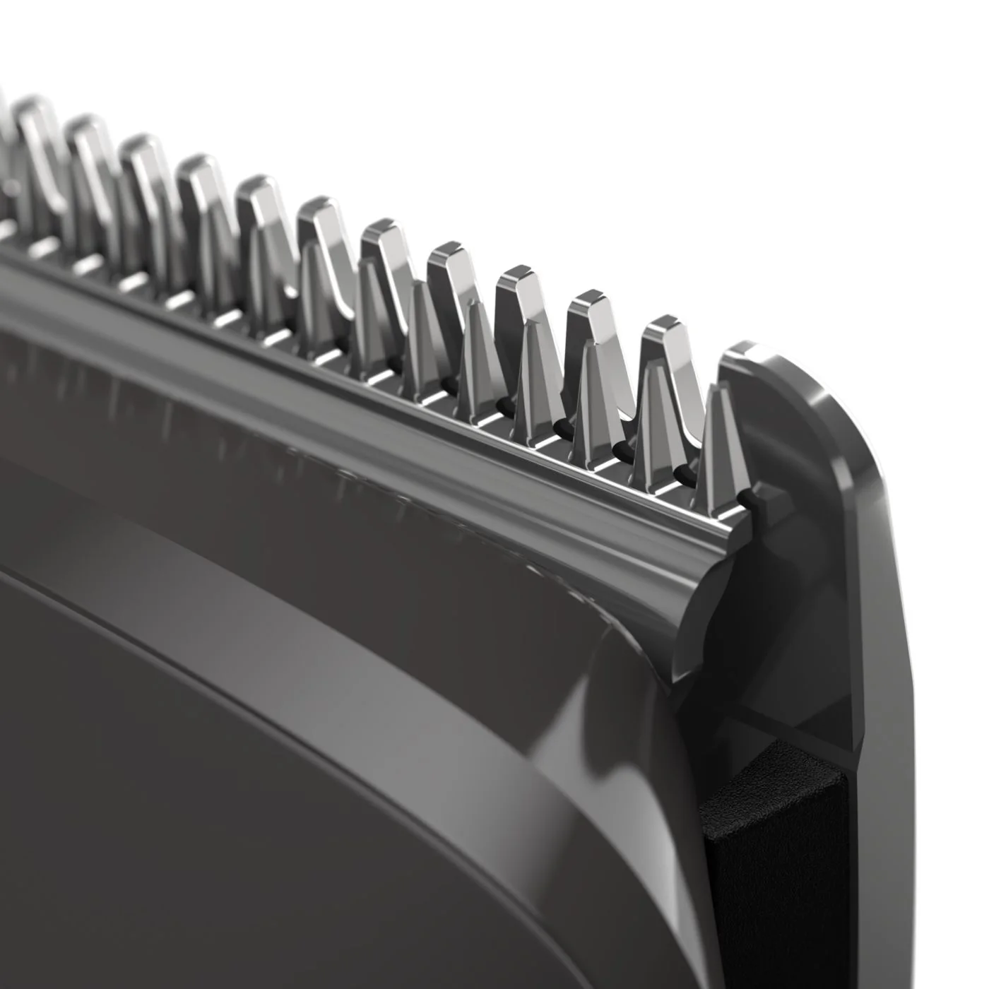 Close view of a trimming guard mounted over the blade.