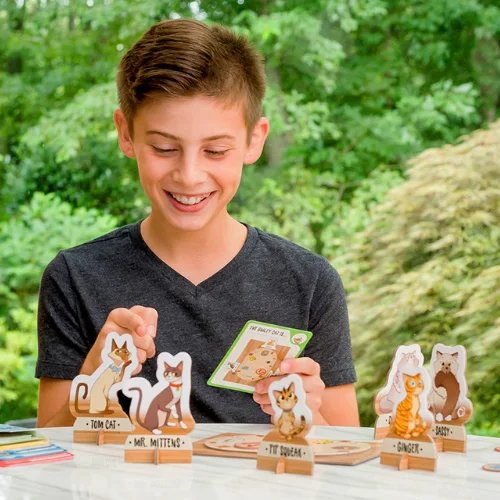 Cat Crimes tabletop deduction activity with standing cat tokens