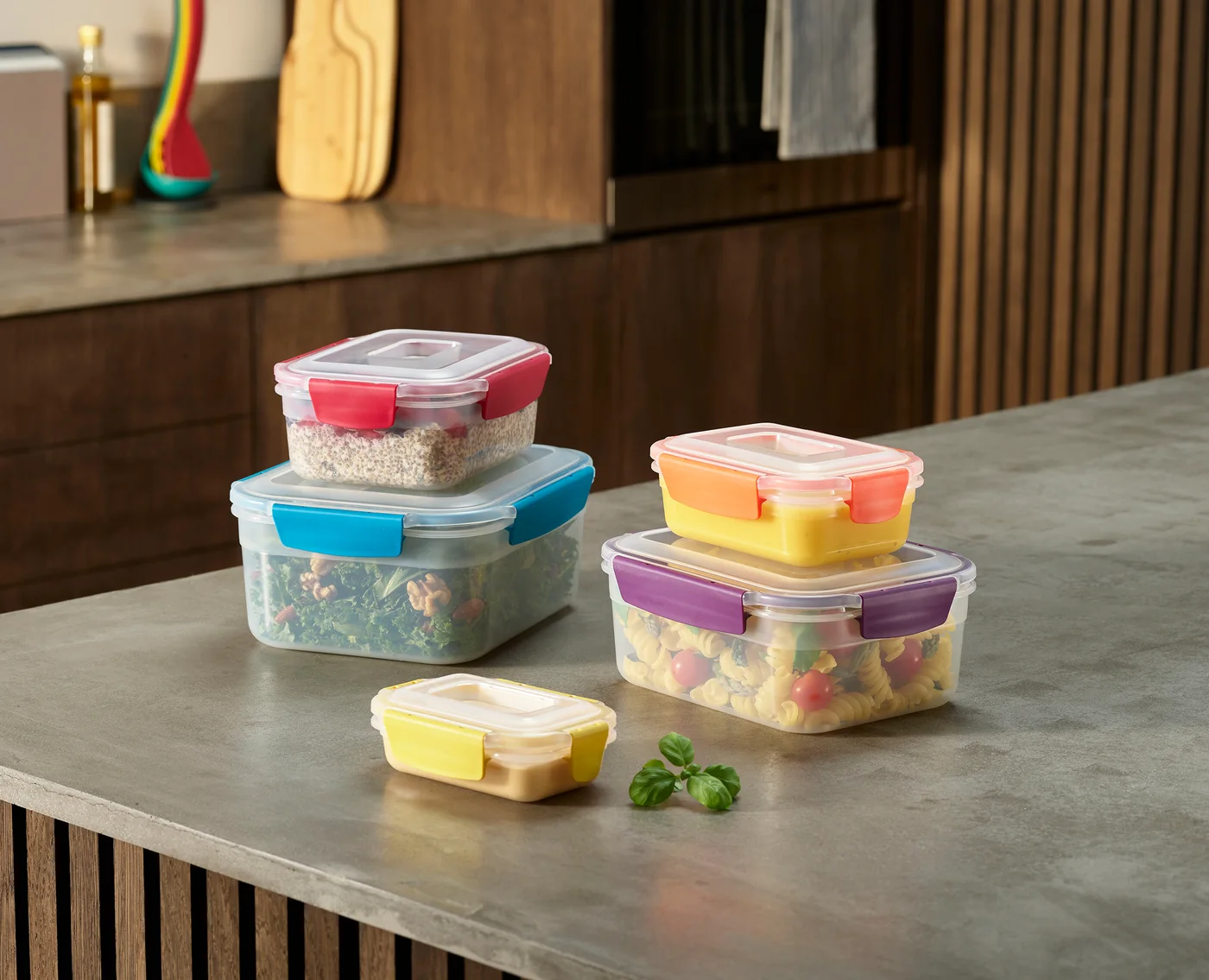 Containers separated and filled in a maker kitchen scene; food and kitchen props not included.