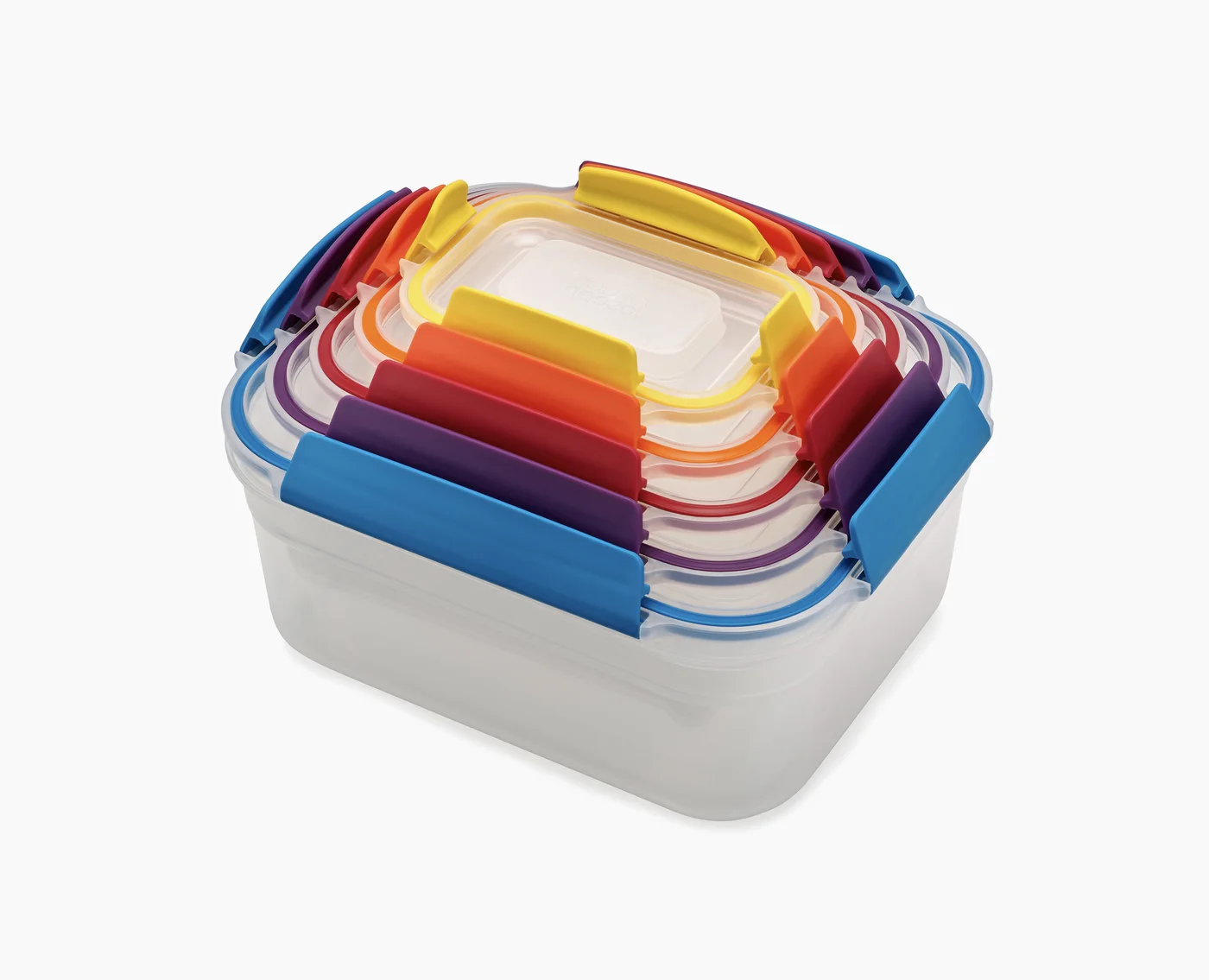 Five multicolour Nest Lock containers and lids nested into one empty stack.