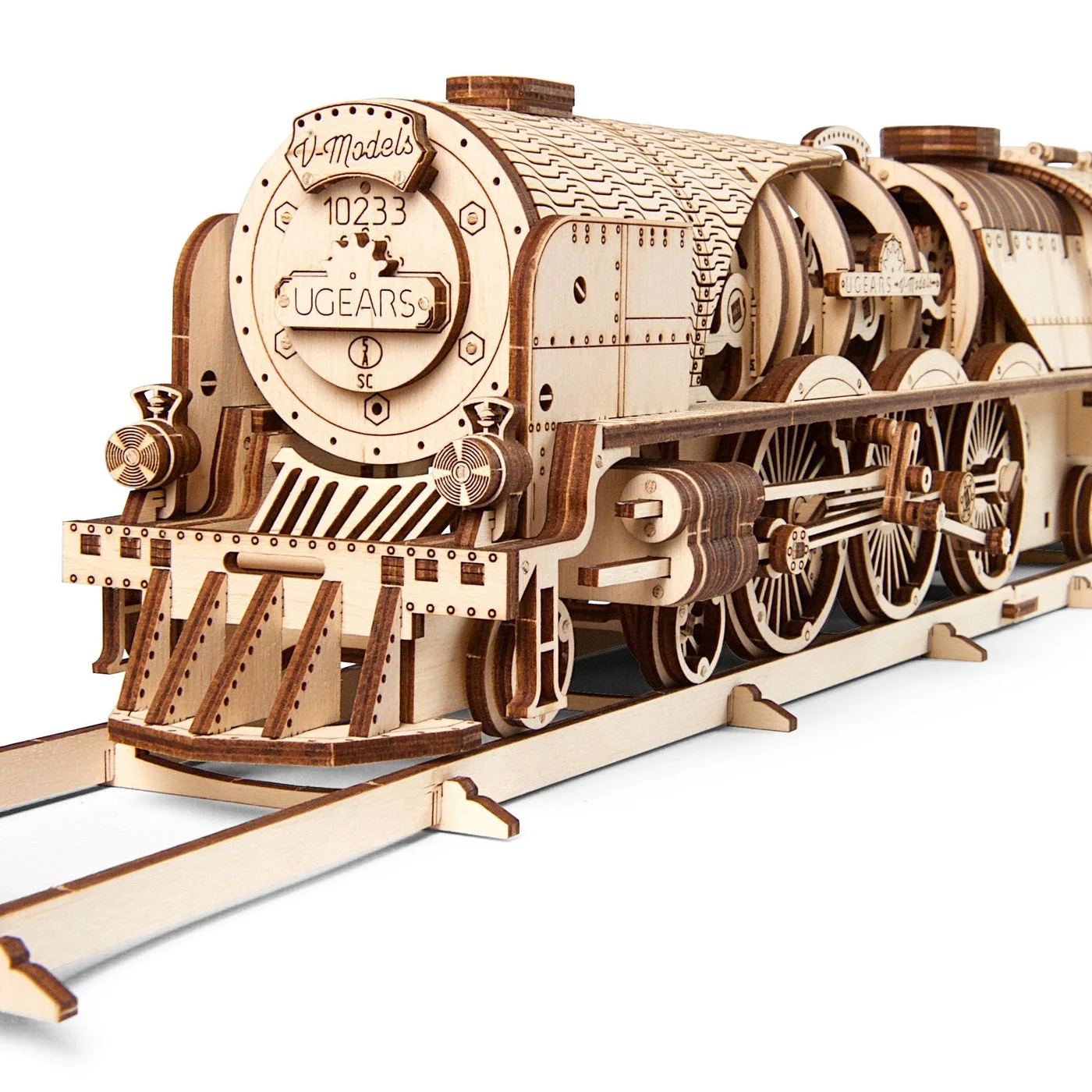 Completed UGEARS V-Express locomotive; assembly is required.