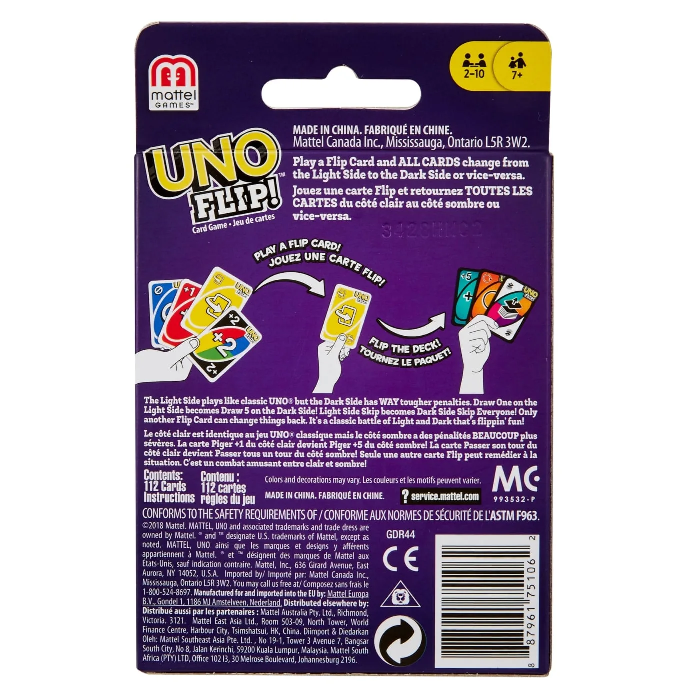 Back-of-package reference for the standard UNO Flip deck.