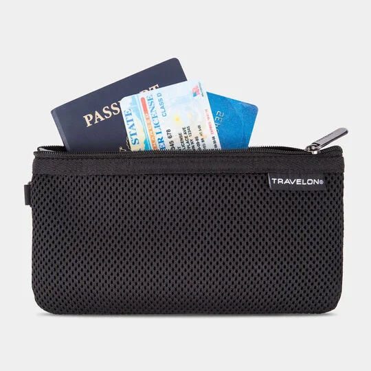 Included RFID-blocking pouch with example travel documents