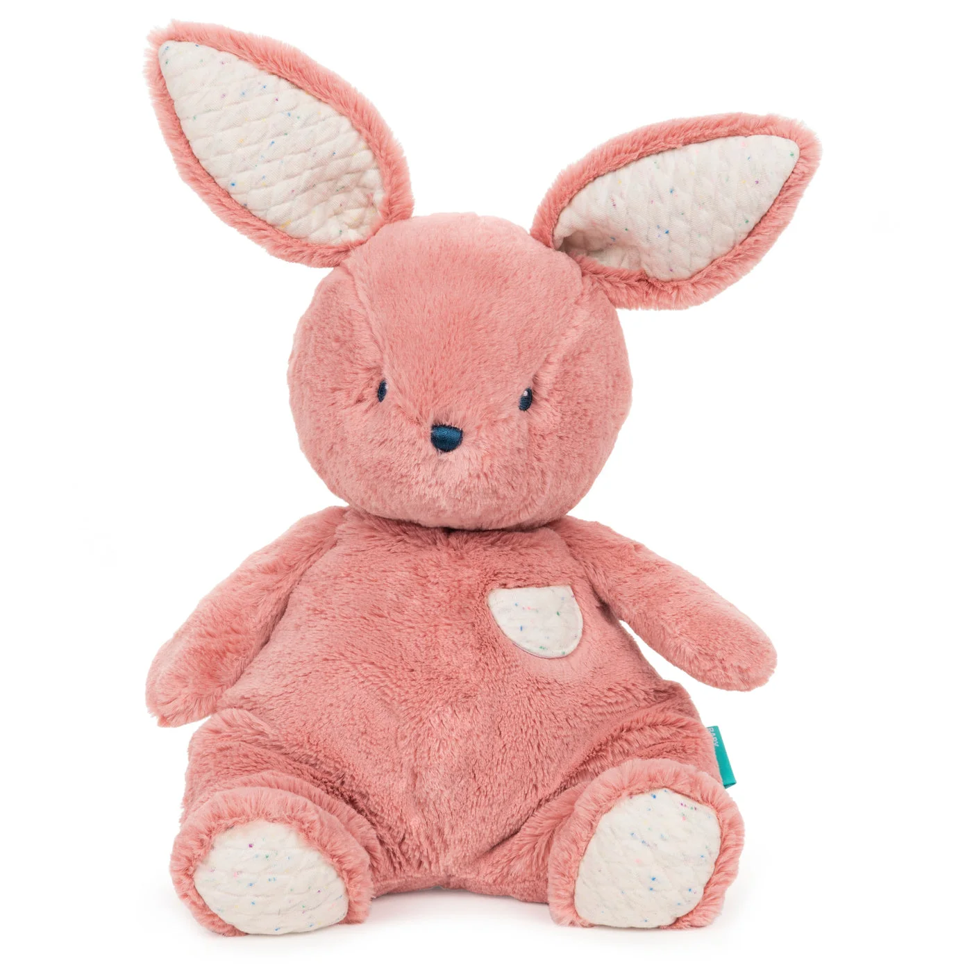 Dusty-rose bunny with long ears and quilted feet.