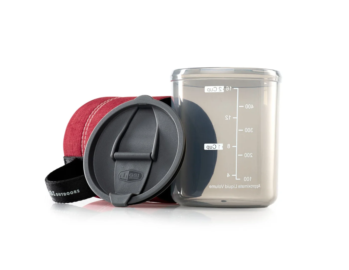 Red-series disassembly reference shows the translucent cup, measuring marks, sleeve and lid; selected colour is black.