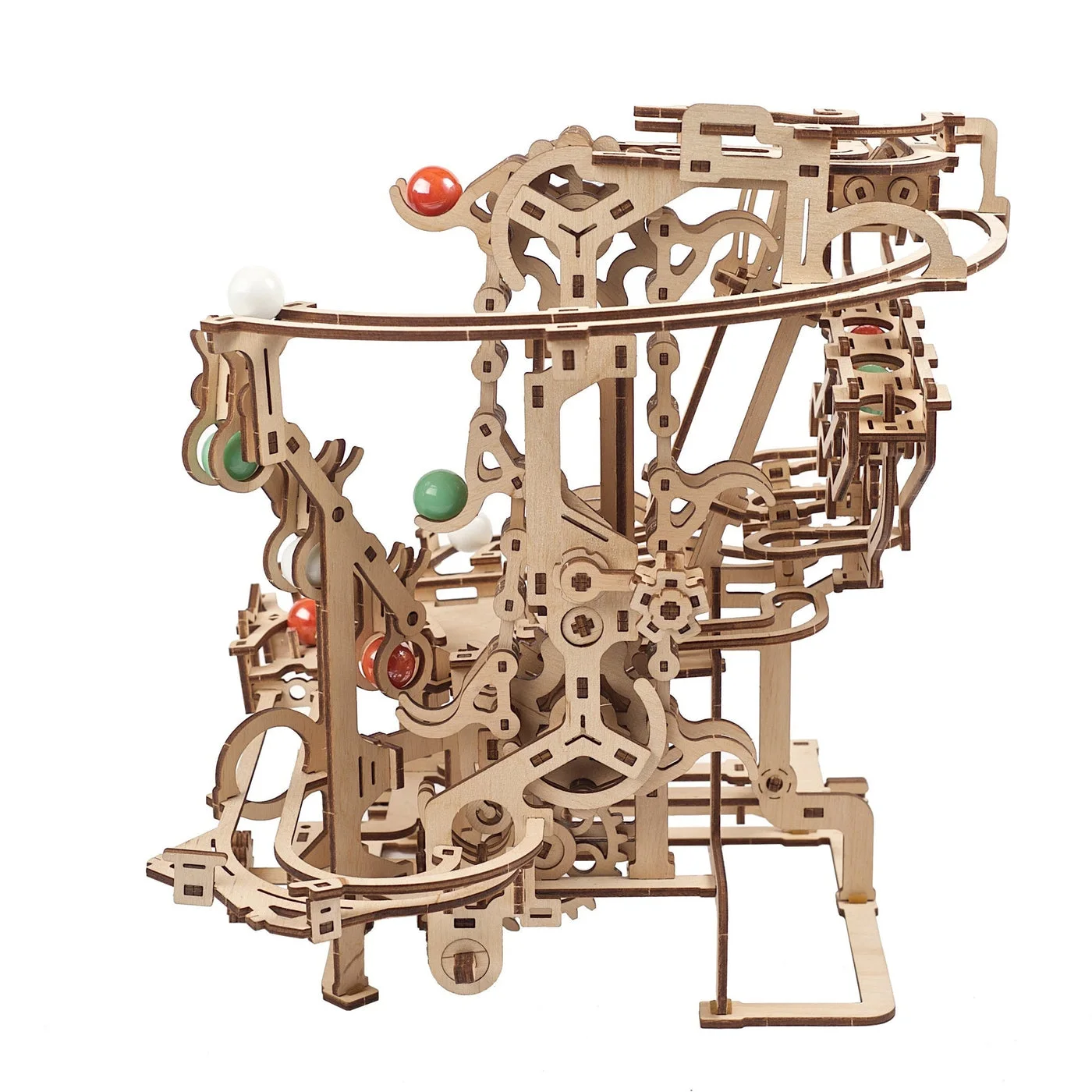 Front view of the chain-lift mechanism and marble routes.