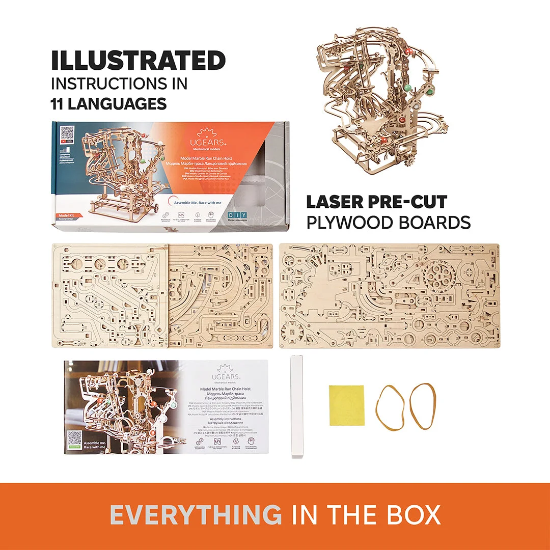 Maker contents panel shows laser-cut sheets, marbles and assembly instructions.