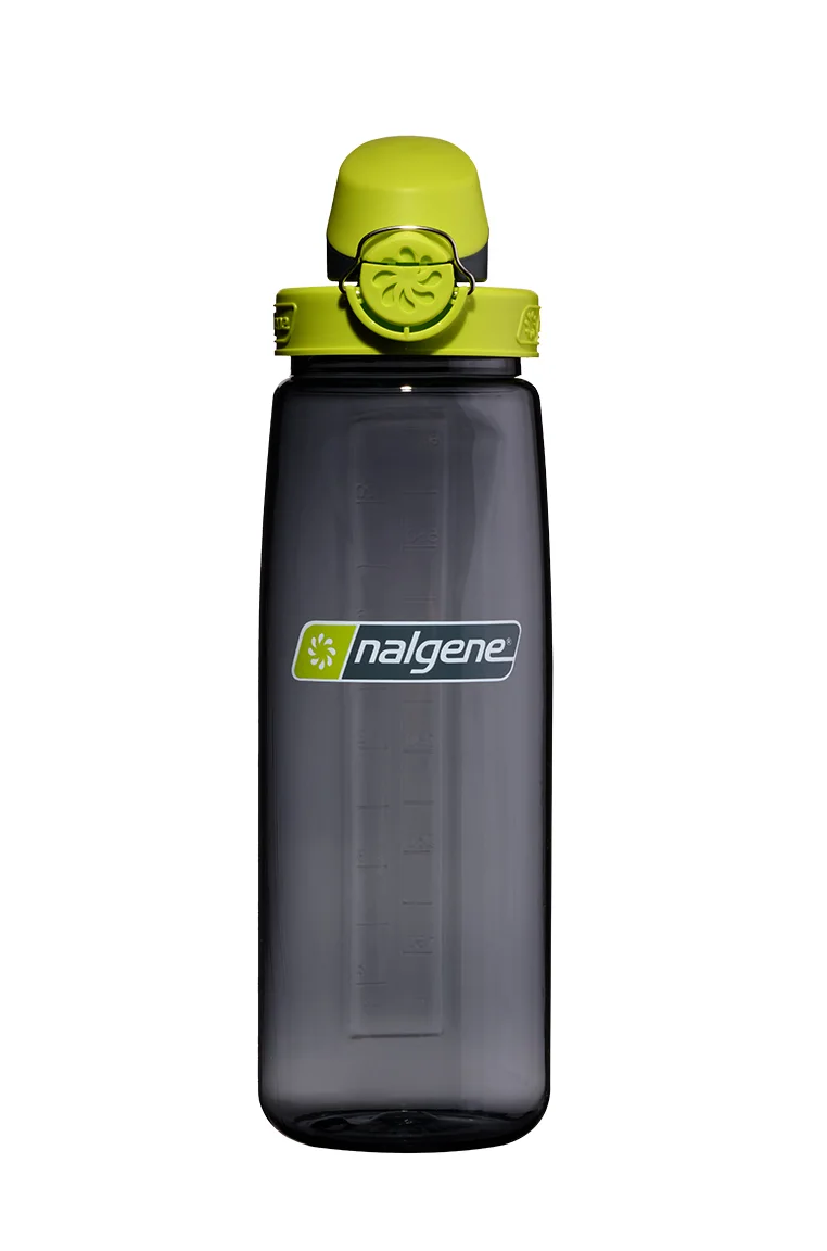 Charcoal with Lime 24oz On-The-Fly bottle, front view with lid open.