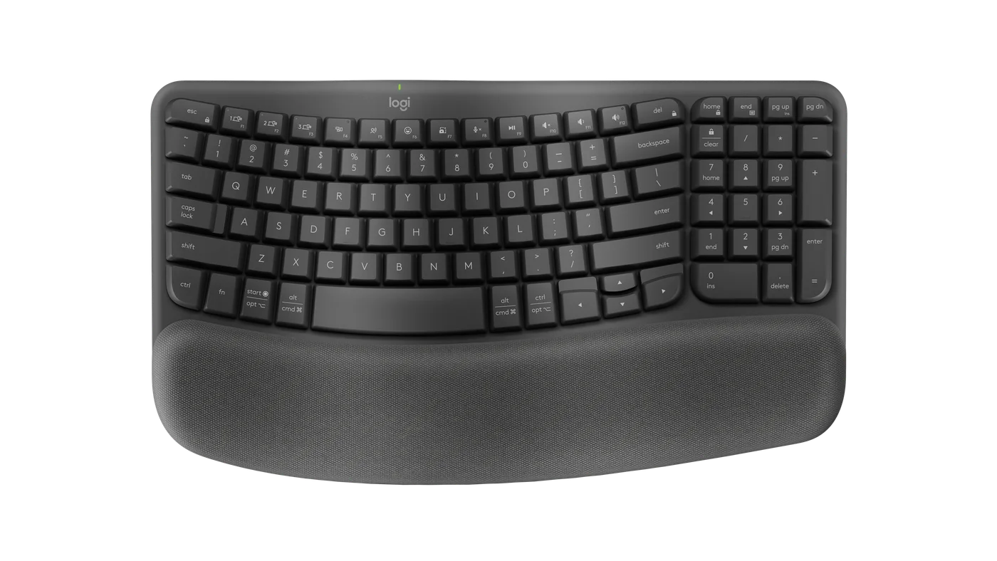 Graphite Wave Keys with its continuous curved keyframe and integrated palm rest.