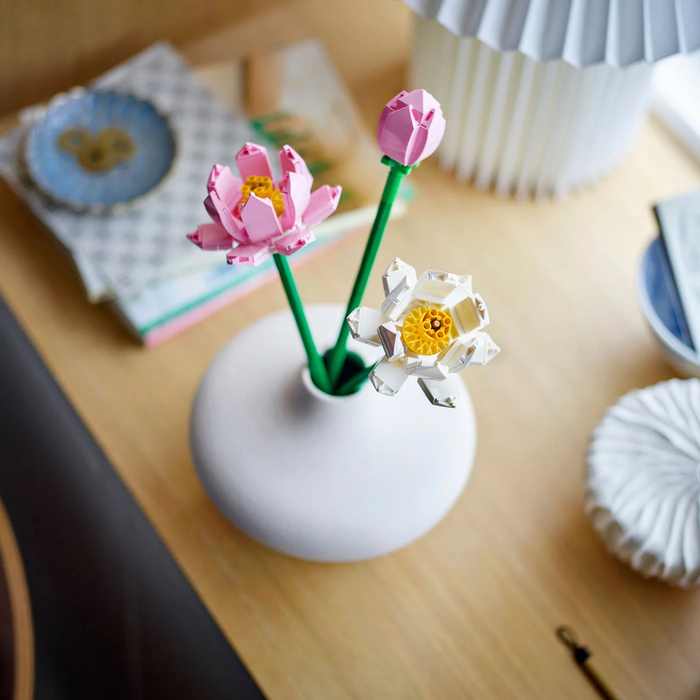Overhead view of the flowers arranged in a separate vase.